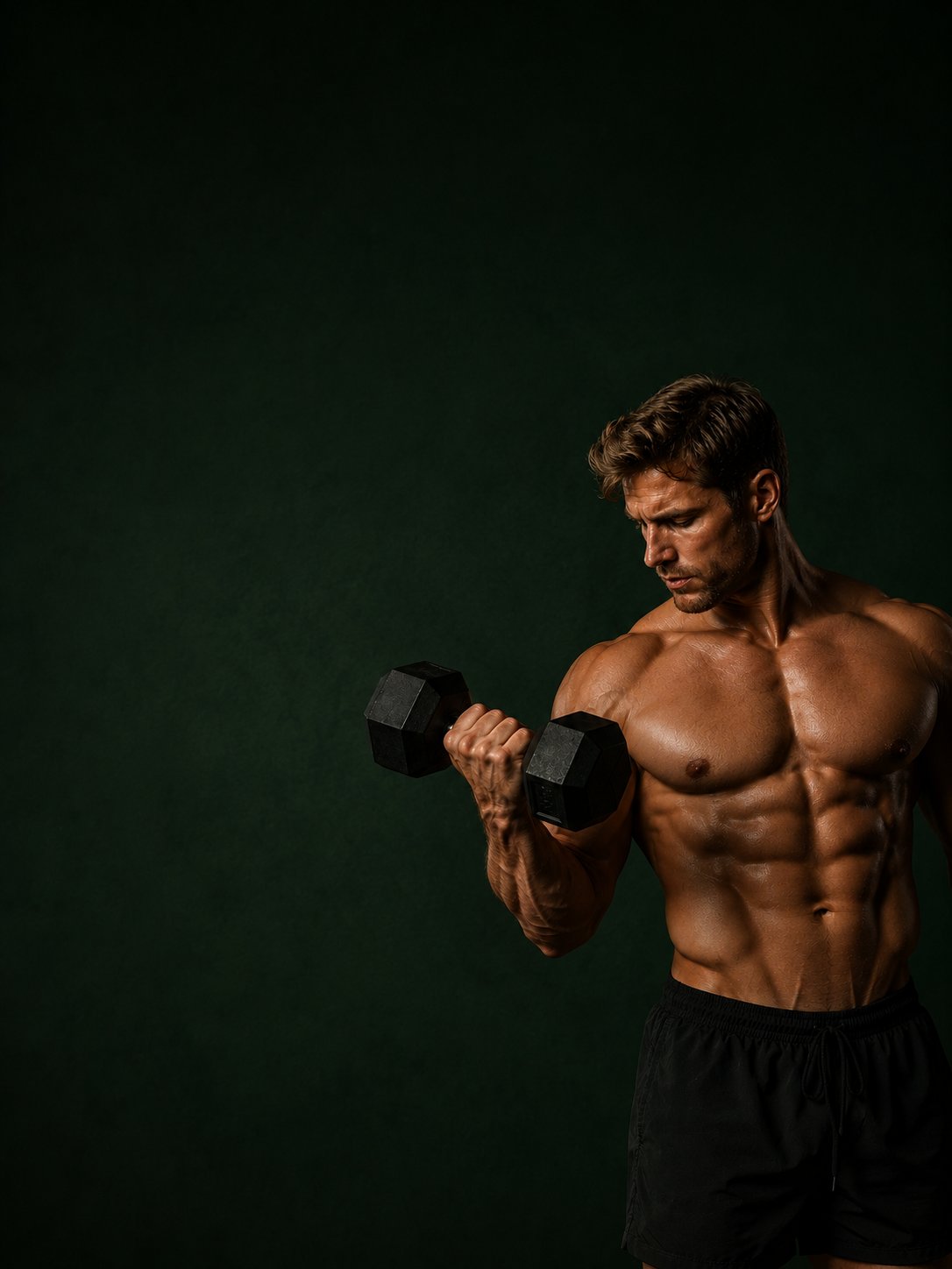 A man curling a dumbbell against a deep green backdrop