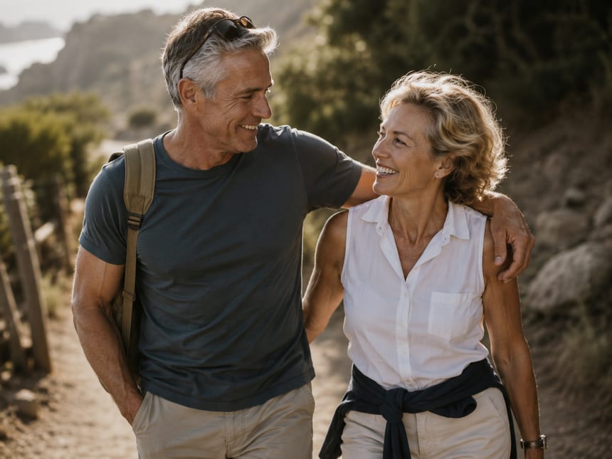 A couple in their fifties walking a sunlit trail