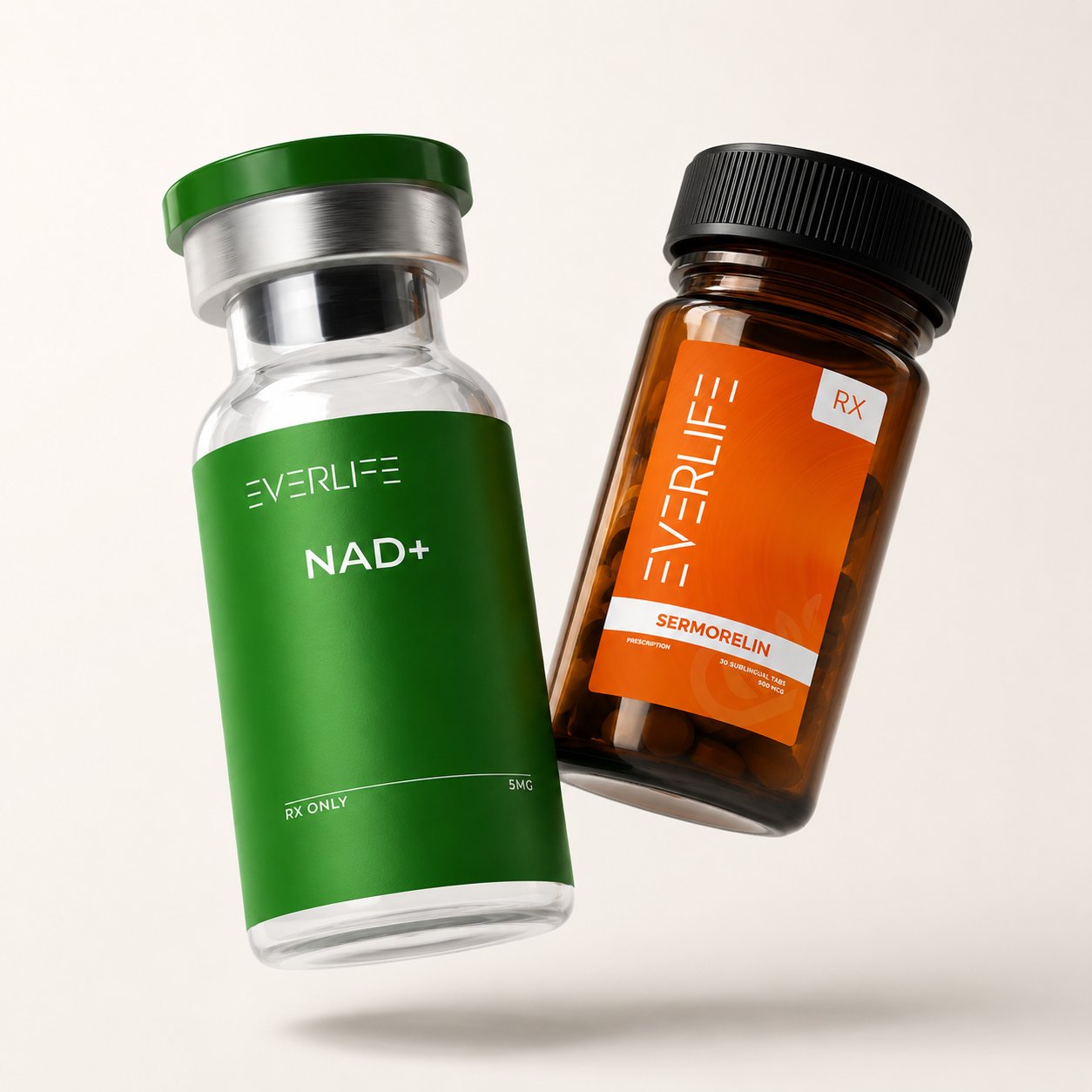 Everlife NAD+ vial and prescription Sermorelin bottle